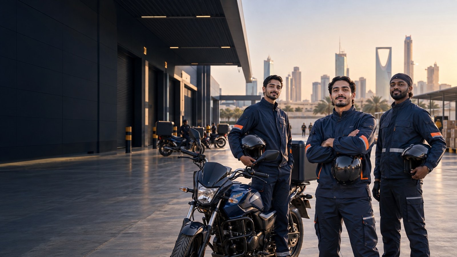 Professional delivery riders with motorcycles at a Riyadh logistics hub